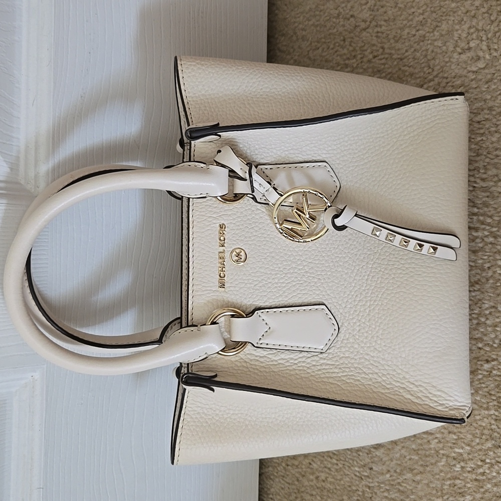 Michael Kors Kris Pebbled Leather Satchel with Gold Accents In Cream